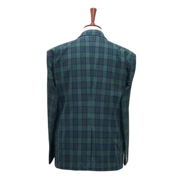 Mens 48R Tartan Plaid Blazer Sport Coat Navy Green Cotton Preppy Formal
